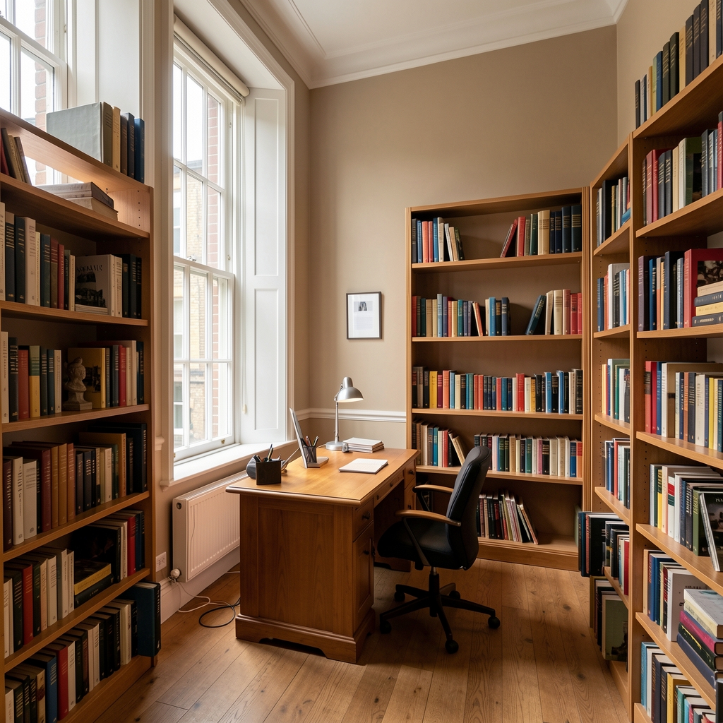 Interior of a small London editorial office with natural light through tall windows, books on shelves, a writing desk and warm neutral walls