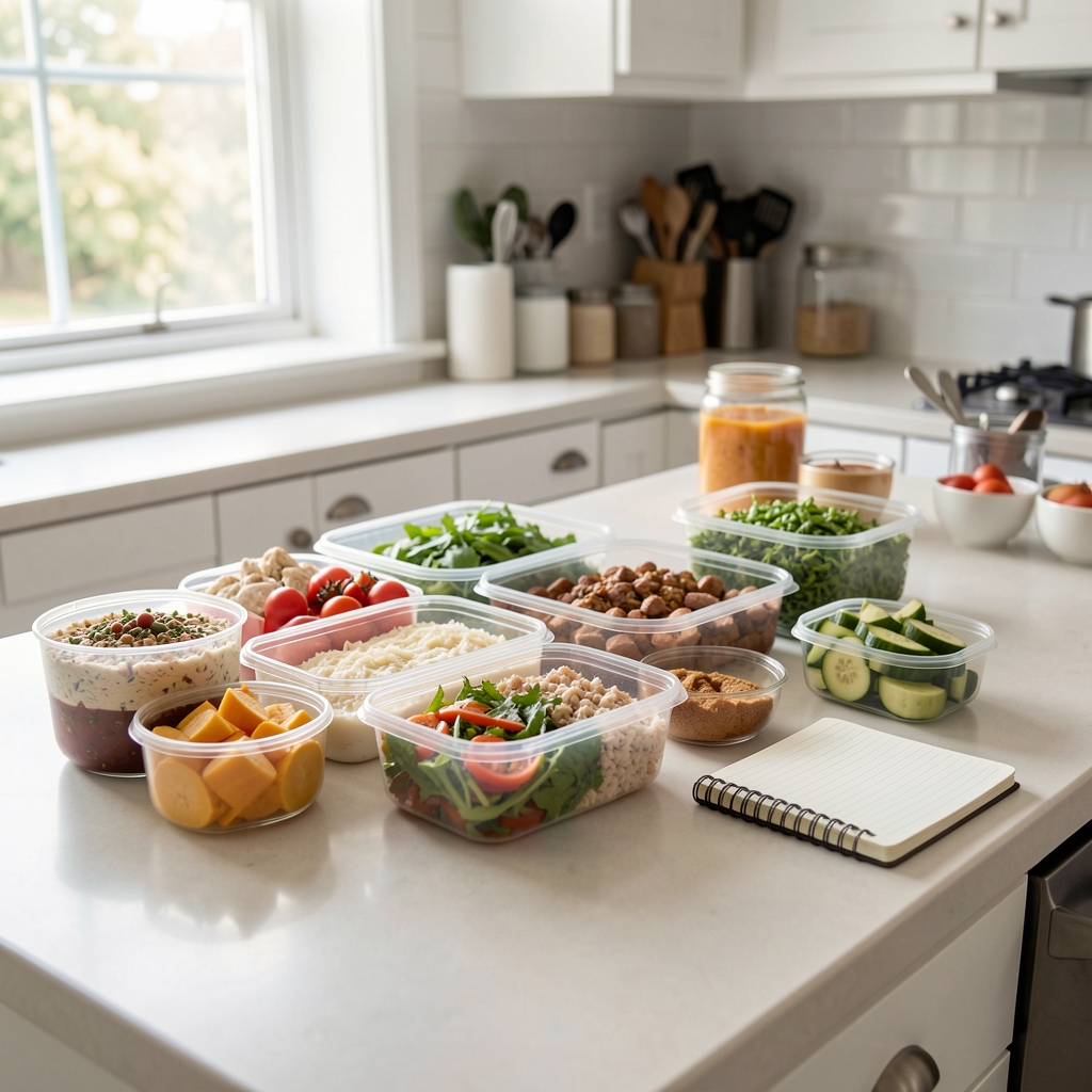 A meal-prep counter in a bright kitchen, containers of food arranged in natural morning light with a small notebook beside them