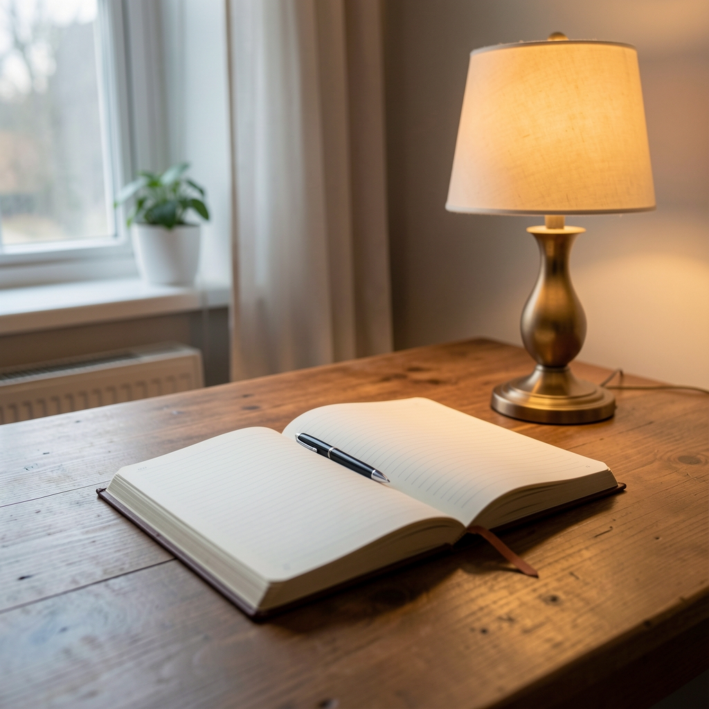 A notebook open on a wooden desk beside a warm lamp, quiet morning light filling the room — the setting for an evening wind-down routine